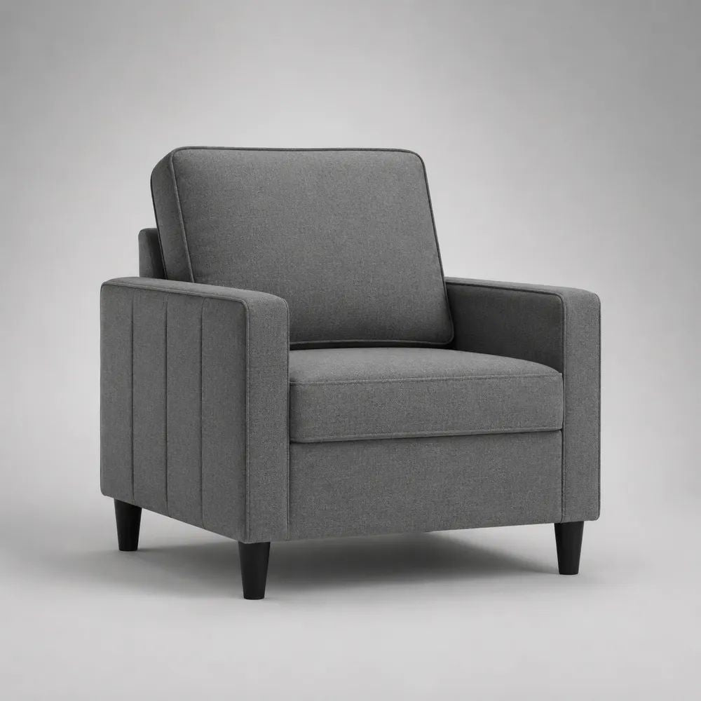 Poltrona monoposto in poliestere grigio con braccioli e piedini neri, 80 x 82 x 84 cm