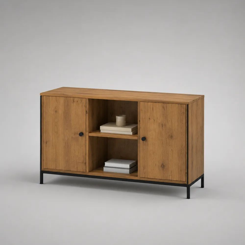 Credenza mobile TV rettangolare in legno e acciaio nero, 2 ante, 120 x 40 x 75 cm